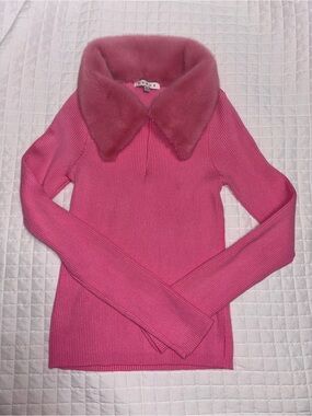 Y2K Faux-Fur Collar Ribbed Sweater - Pink